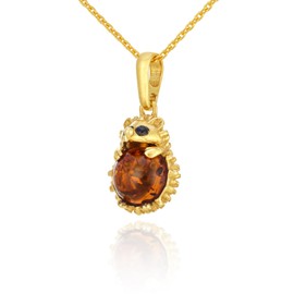 AMBEDORA Women's Small Necklace Hedgehog with Amber, Sterling Silver Gold-Plated, Baltic Amber in Cognac Colour, Gold-Plated Pendant with Chain, Sterling Silver, Amber