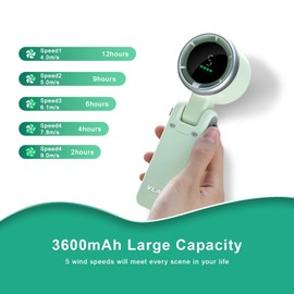 VLAIAN Portable Handheld Turbo Fans,5 Speed Mini Fan，3600mAh Usb Rechargeable Personal Fans,180 Foldable 3 in 1 Neck Small Fan with Digital Display for Travel/Camping/Gym/Office(Green)