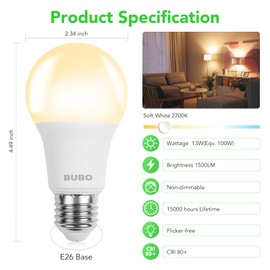 BUBO A19 LED Light Bulbs, 100 Watt Equivalent LED Bulbs, Soft White 2700K, 1500 Lumens, E26 Standard Base, Non-Dimmable, 13W Soft White LED Bulbs for Bedroom Living Room Home Office, 24 Pack