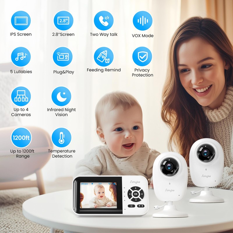 Simyke Smart Baby Monitor with 2 Cameras and Audio,App,Long Range,Night