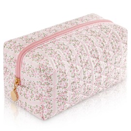 UUYUUY Makeup Bag Travel Toiletry Bag for Women, Small Cosmetic Bags Cute Quilted Cotton Makeup Pouch for Purse Emergency Bag for School Floral Pencil Case Accessory Bag, Stripe and Floral