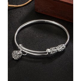 Kim Carrey S925 Silver Bangle Bracelet for Women, Elegant Women‘s Sterling Silver Bracelet Bangle Adjustable 6.4-7.8 inches Small Size (Hollow with Lotus Root Bead)