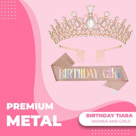 Papoopy Birthday Tiara and Crown with Sash for Women, Hair Accessories for Wedding Party Costume (B - Rose)