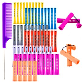 65 Pcs Hair Perm Rods Set, Plastic Perming Rods Cold Wave Rods Hair Curling Rollers Set with Steel Tail Comb for Salon Home Hairdressing Styling