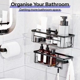 Alyvisun Pack of 2 Shower Shelves Large Capacity with Strong Adhesion and Load Capacity, Stainless Steel Bathroom Shelf No Drilling with Soap Dish and Hook, Rustproof Shampoo Holder for Shower