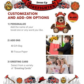 DolliBu Grizzly Bear with Clothes Firefighter Stuffed Animal with Name Personalization - Super Soft Bear with Red Fireman Costume Outfit and Fireman Hat, Fire Fighter Doll Plush Toy for Kids - 10 Inch