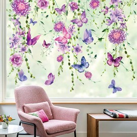 Whaline 6 Sheet Purple Flower Window Clings Spring Floral Butterfly Hanging Vine Reusable Window Decals for Home School Office Seasonal Party Supplies