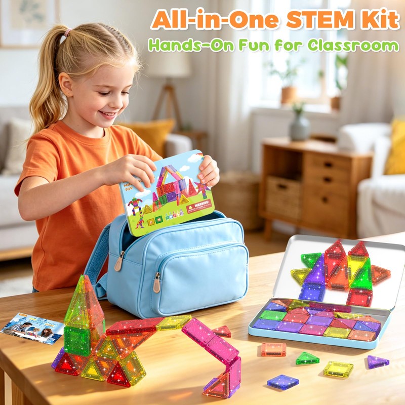 Anyeve 46PCS Glitter Mini Magnetic Tiles Travel Set with Storage