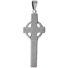 Sabrina Silver Stainless Steel Celtic High Cross Necklace, 2 inch Tall with 30 inch Chain