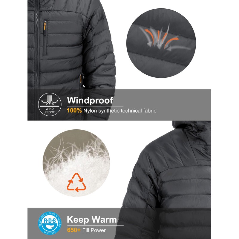 HARD LAND Men's Down Jacket Packable,Water Resistant 5 Pockets Hooded