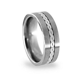 Unisex Brushed Titanium with Braided Sterling Silver Inlay Band Promise Ring (4)