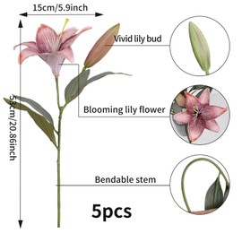 IPOPU Artificial Lily Flowers 5PCS Vintage Lily Silk Flowers for Home Decor Indoor Faux Flowers Fake Lily Fake Flowers Floral Arrangement Wedding Party Decor Home Decor (Coral Pink)