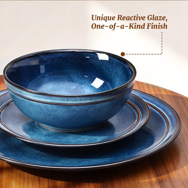 Feastly Plates and Bowls Sets 12 Pieces, Blue Reactive Glaze