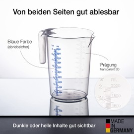BigDean Measuring Cup Set – 3 Sizes: 500 ml, 1 L, 2 L – Shatterproof, Temperature Resistant, Coloured Scale Transparent & Blue – Made of PP Plastic Food Safe – Made in Germany