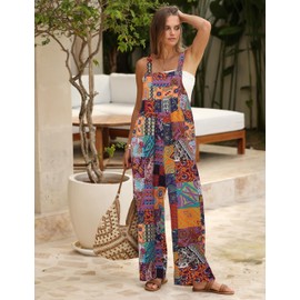 Himosyber Women's Patchwork Dual Pocket Jumpsuit Loose Floral Print Bohemian Wide Leg Bib Overall (Orange-M)