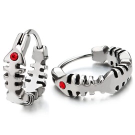 Pair of Bone Hoop Earrings with Red Zirconia for Men and Women, Stainless Steel Huggie Ear Cuff Earrings, Stainless Steel, Cubic Zirconia