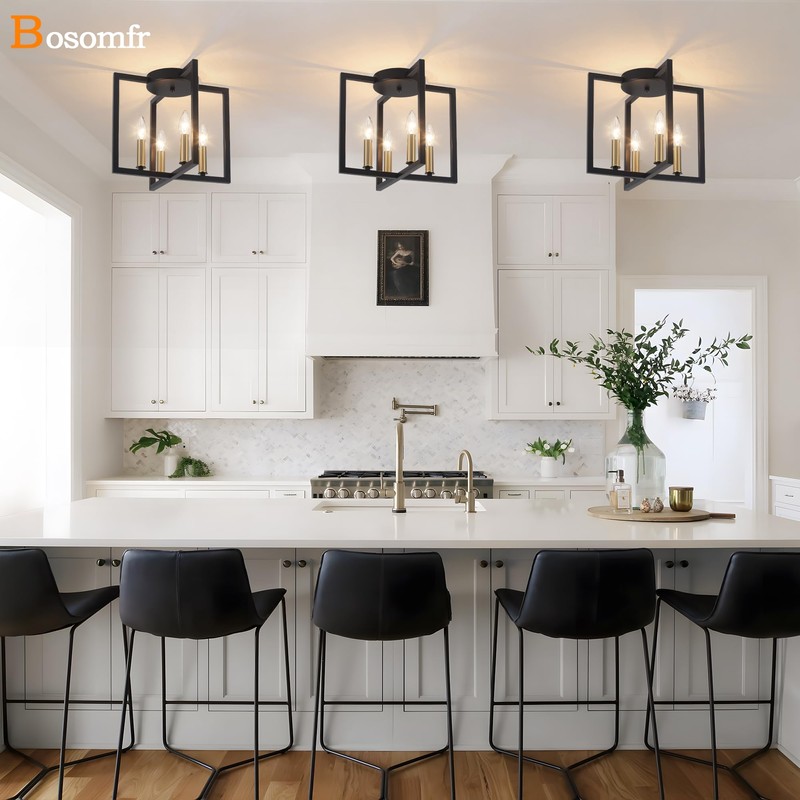 Modern Farmhouse 4-Light Black and Gold Ceiling Light Fixture, Industrial