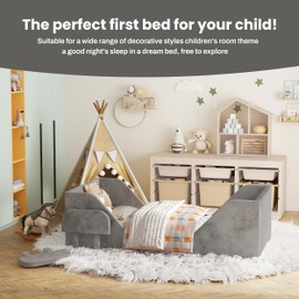 SOFTLYNICE Toddler Bed, Toddler Floor Bed Frame with Guard Rails, Small Bed for Kids Boys and Girls Aged 2-6 Years, Certified Fabric Toddler Beds(Big Gray)