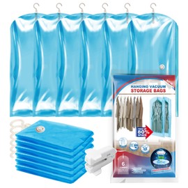 CLEVHOM Hanging Vacuum Storage Bags, 6 Pack Vacuum Sealed Bags for Clothing Coats Jackets, 6 Long, Space Saver Bags, Blue