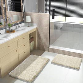 Yimobra Fluffy Bath Rug Set, Shaggy Soft Non Slip Bathroom Rugs, Machine Washable, Thick Bathroom Floor Rugs for Shower Bath Mat, Water Absorption, 24x17+32x20 Inches, Light Beige & White