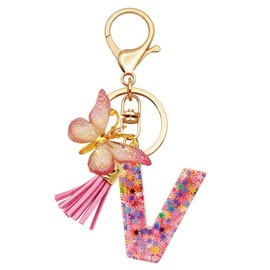 TTYY Initial Letter Keychain for Women Gift for Young Teenage Girl Gifts for Christmas to Mom Daughter Pink tassel (pink snow LetterV)