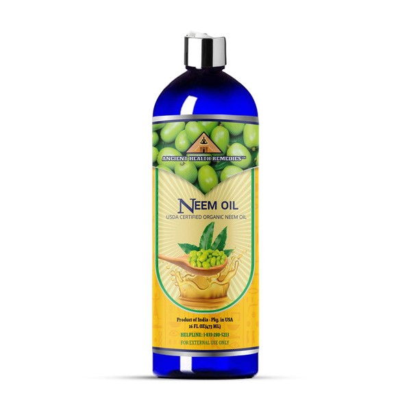 Cold-Pressed Unrefined USDA Certified Organic Neem Oil by Ancient Health Remedies Pure & All Natural-Excellent Bulk Carrier Oil For Anti-aging, Healthy Hair & Skin (INDIA) (16 oz)