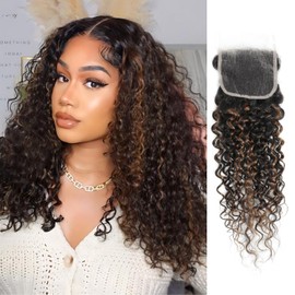 Anmetan Water Wave Ombre Human Hair 4x4 Closure 18 In, 10A F1B30 Black and Brown Honey Blonde Highlight Color Wet and Wavy Free Part Hairline 4x4 Lace Closure 100% Remy Hair Pre Plucked with Baby Hair