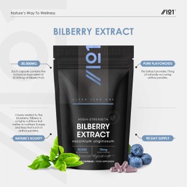 Bilberry Extract 7500mg - Potent 25% Anthocyanidins from 50:1 Vaccinium Uliginosum Extract - 90 Vegan Capsules (3 Months Supply) by Alpha01
