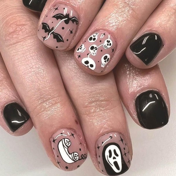 JUSTUSNX 24 Pcs Ghost Bat Cobweb Halloween Nails Skull False