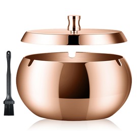 Geoyien Ashtray with Lid, Ashtray for Outdoor Use, Ashtray with Cleaning Brush, Windproof, Odourproof, Washable, Stainless Steel Ashtray for Living Room, Gardens, Offices, Balconies (Rose Gold)