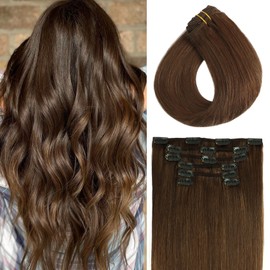 Aison Clip in Hair Extensions 100% Remy Human Hair Medium Brown 7A 70G/7Pcs Soft Silky Straight 16clips for Women(18 Inch #4)