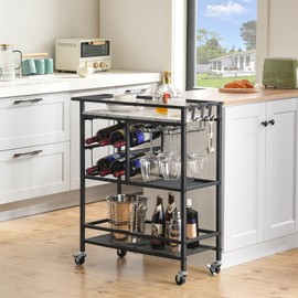 MAHANCRIS Bar Cart for Home, 3-Tier Serving Cart with Wheels and Handle, Beverage Cart with Wine Rack and Glass Holders, Rolling Wine Cart for Kitchen, Dining Room, Marble and Black RCHM6101