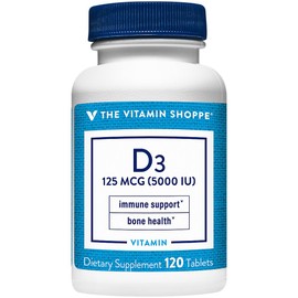 The Vitamin Shoppe Vitamin D3 5000IU - Bone Immune & Cellular Health | Cholecalciferol Softgels | 120 Tablets | Gluten-Free