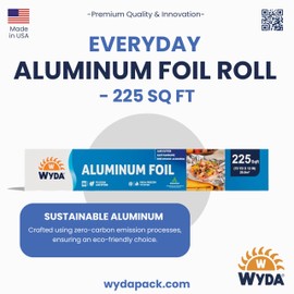 Wyda Aluminum Foil Roll – 225Sq Ft (75 yd X 12 in)| Food-Grade, Oven & Freezer Safe | Easy-Tear Cutter for Cooking, Grilling, Baking & Food Storage | Tin Foil Wrap – Silver
