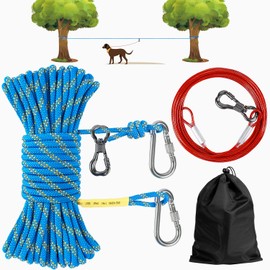 XiaZ 70FT Tie Out Cable for Camping, Dog Trolley System Runner Cable with 10FT Dog Run Leash, Reflective Dogs Lead for Yard, Camping, Park, Outdoor Events for Small to Large Dogs up to 350Lbs