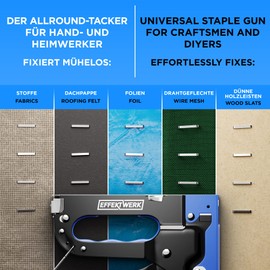 E•Werk - 5-in-1 Staple Gun Set - Heavy-Duty Stapler w/ 1500 Staples & Staple Remover for Wood, Fabric, Carpet & Wire Mesh - Hand Tacker w/Power Adjustment for Construction, Crafts & Upholstery Work