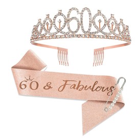 JurciCat Decoration 60th Birthday Woman 60th Birthday Woman Sash and Tiara Rose Gold Crown 60th Birthday Woman Gifts for Birthday Decorations