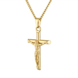 Angelus de Leon 14K Stainless Steel Gold Plated Curb Chain Cross Pendant Necklace 4MM Cross Necklace Clasp for MEN, HUSBAND Thin for Charms Miami Cuban Link Diamond Cut Religious Crucifix (20in)