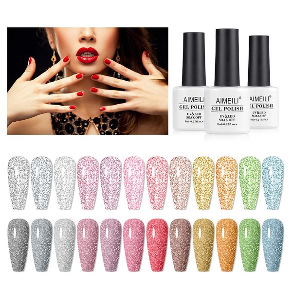 AIMEILI Reflective Glitter Gel Nail Polish, 8ml 12 Colours Glitter