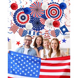 4th of July Decorations Patriotic Decor USA Flag String Red White Blue Paper Fans Star Streamer Pom Poms