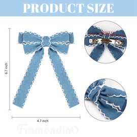 Framendino, 2 Pack Hair Bow Clips for Women Bowknot Denim Bows Clip with Long Tail