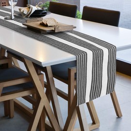 PiccoCasa Table Runner, 100% Cotton Dining Table Runner 33x183 Cm/14"x72", Reversible Design Machine Washable Home Dining Table Decor Stripe Table Runner Black and White