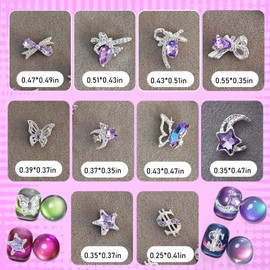 WOKOTO 40pcs Silver Nail Charms For Acrylic Nails With Purple Rhinestones Nail Gems And Charms For Women Nail Art Decorations - Bows, Butterfly, Stars Nail Rhinestones And Charms Nail Art 3d Charms
