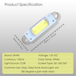 SAWE - 44mm COB Festoon LED Bulbs For Car Side Door Courtesy Rigid Loop 1.73" LED Light Bulbs 561 562 567 (2 pieces) (White)