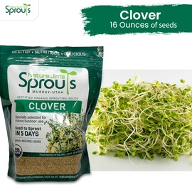Nature Jims Sprout/Sprouting Seeds, Clover, bolsa orgánica sin OMG resellable premium para una frescura más larga rica en vitaminas, minerales, fibra, 16 onzas