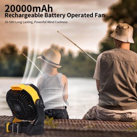WESTTREE 20000mAh Camping Fan with LED Lantern, USB Tpye C Rechargeable Battery Operated Outdoor Tent Fan with Light & Hook, 270° Pivot, 4 Speeds, Personal USB Desk Fan for Camping Yellow X26A