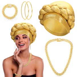 Liliaafar 4 Pcs African Turban Head Wraps Sets Braided Beanie Cap Headwear Crystals Twisted Head Turbans Knotted African Twisted Hat with Diamond Hoop Earrings Necklace and Bracelet for Women