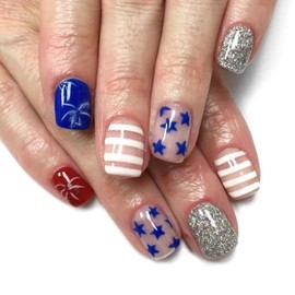 Press on Nails Short Square Independence Day Fake Nails with Stars Lines Glitter Design Nails Press ons Silver Glitter Full Cover Glue on Nails 4th of July Glossy Acrylic Nails for Women Girls 24Pcs