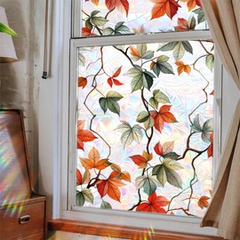 HFhyxin Maple Leaves Window Privacy Film,Stained Glass Decals Colorful Floral Privacy Rainbow Decals Living Room Sun Blocking Decor Removable Static Cling 17.7" x 43.3"