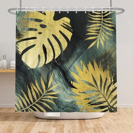 Bovlleetd 180 x 180 cm Gold Monstera Leaf Shower Curtain Abstract Art Bathroom Curtain Bohemian Mid-Century Shower Curtains Pink Grey Plant Leaves Shower Curtains for Bathroom Decor